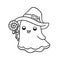 Cute ghost wearing witch hat holding candy outline doodle cartoon illustration