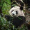 Cute giant panda bear eating fresh green bamboo