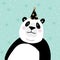 Cute giant panda bear with party hat. Kids poster or birthday greeting card. Vector illustration background.