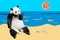 Cute giant panda eating bamboo in the beach