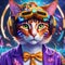 Cute ginger cat with digital glasses wearing headphones and a purple jacket with a golden bow tie