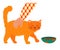 Cute ginger cat with a full bowl of dry food. Hand of a happy pet owner. Stroking the cat. Vecto