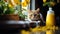 Cute ginger cat lying on the floor with yellow flowers in a vase