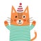 Cute ginger cat in pajamas says hello. Feline character isolated element