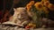 Cute ginger cat reading a book with a guitar and sunflowers