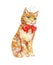 Cute ginger cat with red bow isolated on white background