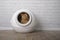 Cute ginger cat sitting in a self-cleaning litter box.