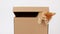 Cute Ginger Kitten in a Cardboard Box Isolated on a White Background. Curious Funny Striped Red Cat Hiding in Box.