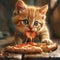 A cute ginger kitten eating pizza. A kitten stealing pepperoni or salami from pizza.
