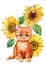Cute ginger kitten and flowers sunflowers, watercolor hand drawing. Autumn composition, Happy animal