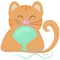 Cute ginger kitten hugs a green ball of thread with closed eyes, vector illustration in flat style