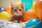 Cute ginger kitten lying on the bed with colorful balloons in the background, Cute ginger cat with colorful balloons on bed.