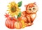 Cute ginger kitten, pumpkin and flowers sunflowers, watercolor hand drawing. Autumn composition, Happy cat