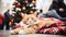 Cute ginger kitten resting near Christmas tree generated by AI