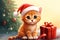 cute ginger kitten in a Santa hat with big blue eyes sits next to a beautifully packaged gift