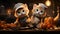 Cute ginger kittens in a chef\\\'s hat on a wooden table in the kitchen.