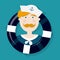 Cute ginger sailor cartoon character in a lifebuoy