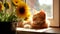 cute ginger tabby cat lies in the sun on the windowsill and carefully look at the blooming flower in the pot, generated