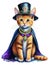 Cute ginger tabby kitten in a chic cloak, elegant hat for New Years, Valentine\\\'s Day.