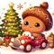 A cute gingerbread with acorn car, in warm christmas, christmas tree, gifts, snowflakes, digital anime art, snow