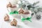 Cute gingerbread cottages with tasty cocoa in Christmas