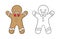 Cute gingerbread man with a bow tie outline and colored doodle cartoon illustration set. Winter Christmas theme coloring book page