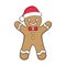 Cute gingerbread man with a bow tie and Santa hat cartoon illustration. Winter Christmas celebration theme