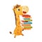 Cute Giraffe Animal Carrying Pile of Books in Hard Cover for Reading Vector Illustration