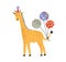 Cute giraffe in holiday cap hold bright festive balloons. Flat vector cartoon childish illustration for birthday party