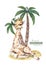 Cute giraffe with palm tree. Watercolor cartoon giraffe isolated tropical animal illustration. Jungle exotic summer design