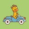 Cute giraffe riding car cartoon logo character vector icon illustration