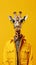 Cute giraffe wearing clothes and glasses.  on yellow background. Generative AI