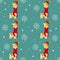 Cute giraffes in red winter hats and scarfs in snow seamless pattern.