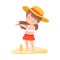 Cute Girl Applying Sunscreen at the Beach, Kids Summer Holidays Activities Cartoon Vector Illustration