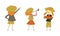 Cute Girl as Junior Scout Holding Lumber and Trumpet Vector Set