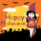 Cute girl as witch on grave and night background vector cartoon, Halloween postcard, wallpaper, and greeting card