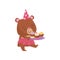 Cute girl bear walking with tray of delicious cupcakes. Adorable humanized animal. Flat vector icon