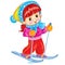 Cute girl in a big knitted hat is skiing, cartoon illustration, postcard, isolated object on a white background vector