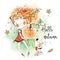 Cute girl with a big pumpkin. Autumn harvest. Thanksgiving day. Watercolor graphics. Vector