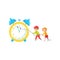 Cute girl and boy playing with giant clock learning to read time, preschool activities and early childhood education