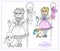 Cute girl in carnival costume of shepherdess with a staff and a sheep color and outlined for coloring page