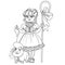 Cute girl in carnival costume of shepherdess with a staff and sheep outlined for coloring page