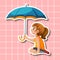 Cute girl cartoon character holding umbrella sticker style