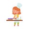 Cute Girl Character in Hat and Apron Standing at Kitchen and Heating Oil in Frying Pan Vector Illustration