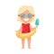 Cute Girl Character in Sunglasses with Rubber Swimming Ring Holding Ice Cream Vector Illustration