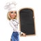 Cute girl chef holds a board for menu isolated on a white