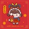 Cute girl Chinese New Year Dragon cartoon holding money bag greeting card. Series: Zodiac vector 2024