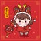 Cute girl Chinese New Year Dragon cartoon with lamp greeting card. Series: Zodiac vector 2024 Wish you rich and wealth