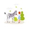 Cute girl contacting with the zebra. Colorful vector illustration in flat cartoon style. Zoo park elements isolated on