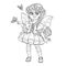 Cute girl in the costume of a spring fairy holds a butterfly on her finger outlined